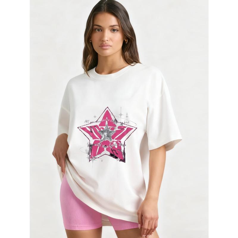 Oversized T Shirt Black Pink Star Graphic Print With Sparkle Text All You Need Is Love And A Little Magic Casual Streetwear For Women