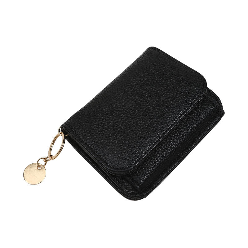 Женский минималистичный маленький кошелек из кожи Держатель для кредитных карт Тонкий простой кошелек для мелочи на молнии с брелоком One Size чёрный