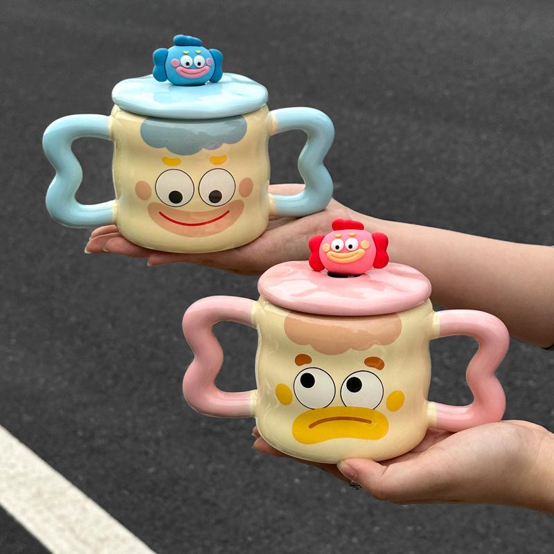 Cute Mug Ceramic Cup with Lid Spoon Boys and Girls Household Water Cup Coffee Milk Cup Birthday Gift
