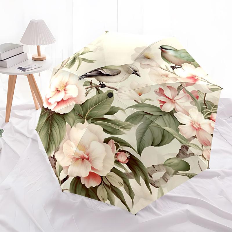 1PC Birds Flowers Umbrella-8-Rib Reinforced Portable Folding Travel Suitable for All Seasons Outdoor Daily -Z0458