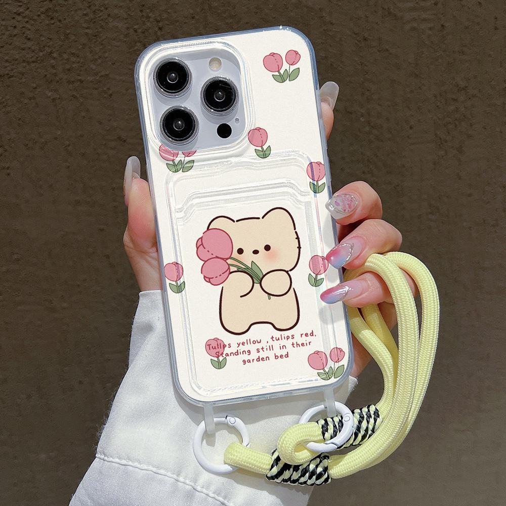 Cute Flower Phone Case For iPhone 15 Pro Case iPhone 13 11 12 14 16 Pro Max 7 8 Plus XR XS SE  Hang Chain Card Holder Cover
