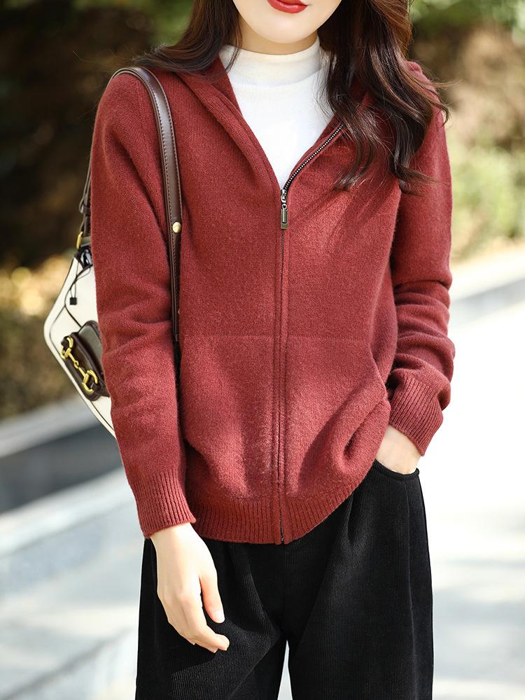 Women's Ready-to-Wear Wool Cardigan: Zipper, Pockets, Hood, Casual Loose Fit, Long-Sleeved. Perfect for Autumn/Winter.