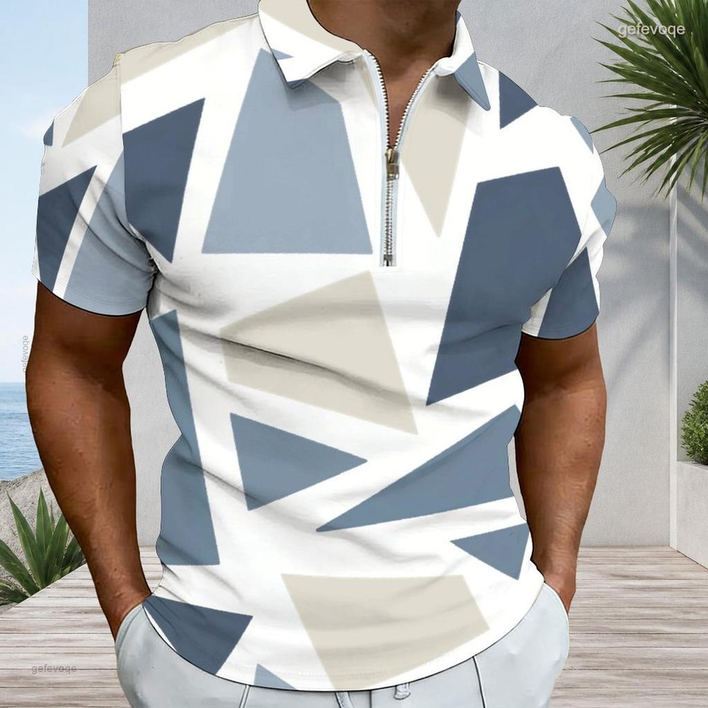 Men Plus Size Short Sleeve Quarter Zip Collared Polo Shirt Geometric Printed White Black Orange