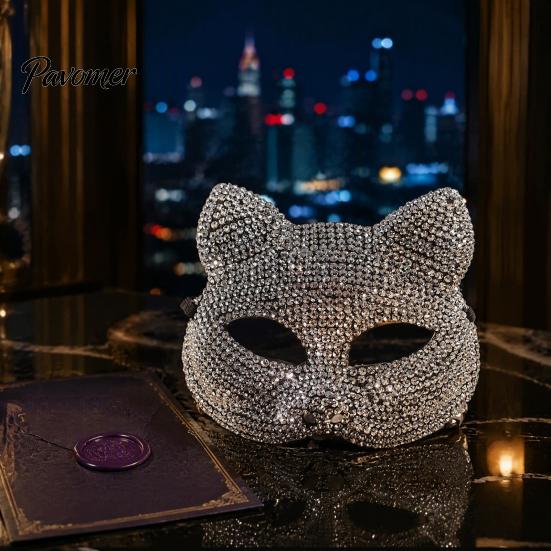 Luxury Rhinestone Costume Mask Full Halloween Mask, Sparkling Skull And Cat Face Carnival Adjustable Elastic Straps for Theme Dances Decorative Party