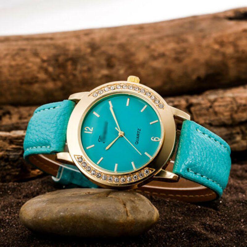 Elegant Fashion Women Crystal Artificial Leather Quartz Analog Luxury Wrist Watches