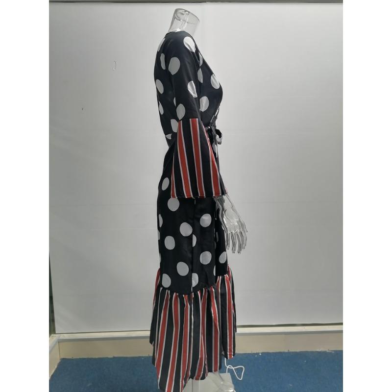 Spring and Autumn Women's Dress Long Sleeve Strappy V-Neck Printed Dresses