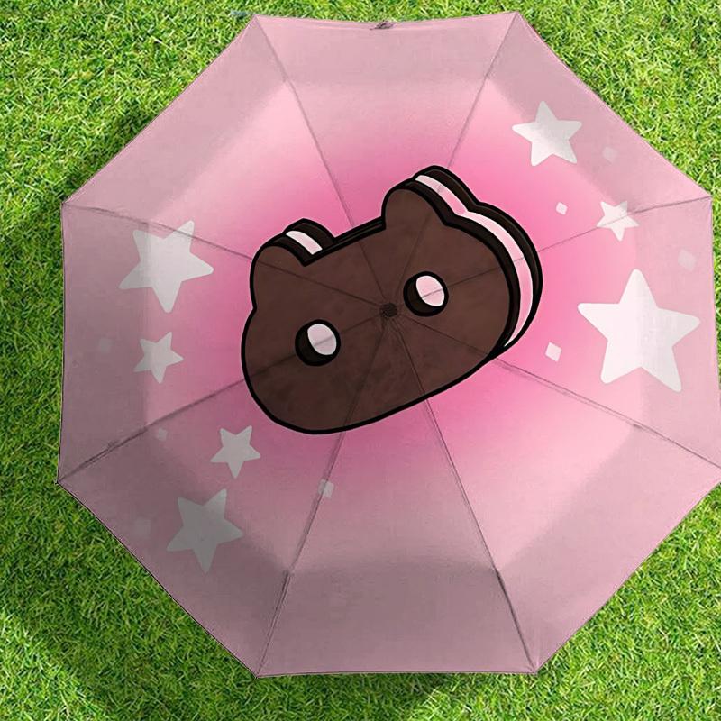 1pc Cookie Cat Automatic Folding Umbrella 8 Rib Iron Frame, Compact Portable Umbrella Suitable for Travel, Daily Use, Birthday, Women & Men Gift 035