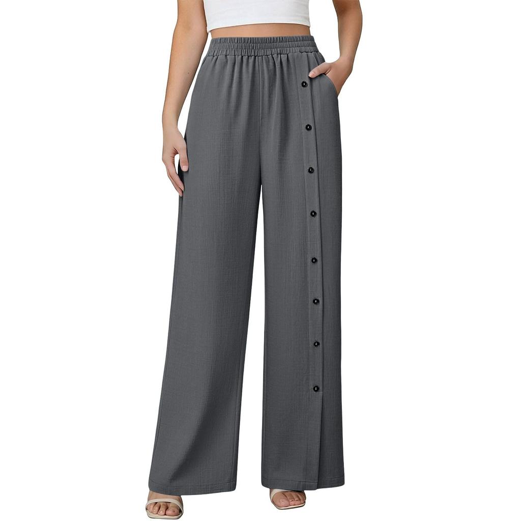 Women's Fashionable Color Button Elastic Waist Straight Tube High Waist Pocket Cotton Linen Casual Pants
