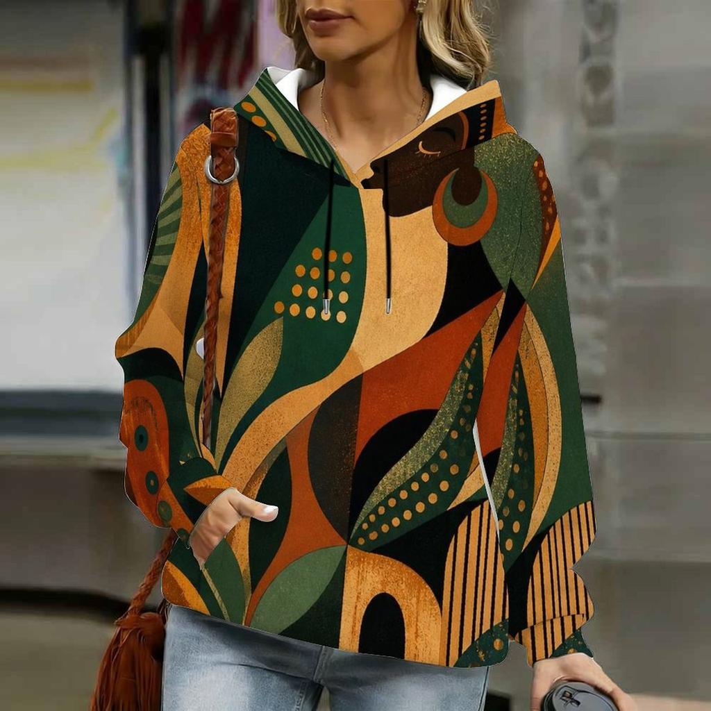 Women Plus Size Long Sleeve Drawstring Hoodie Green Yellow Orange Abstract Printed Kangaroo Pocket Pullover