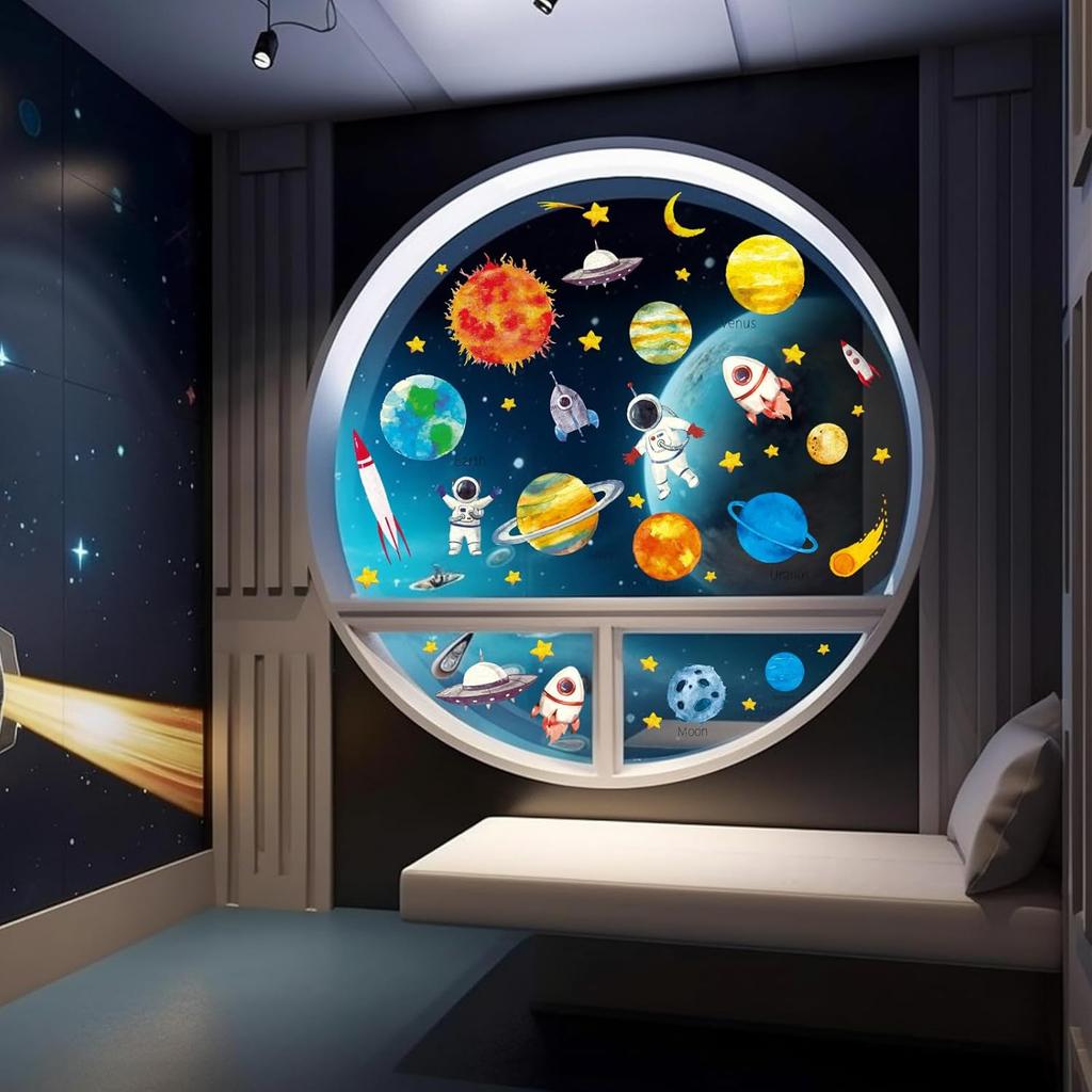 Whaline 6 Sheet Outer Space Window Clings Space Astronaut Spacecraft Rockets Solar System Window Stickers Out of Window Decals for Bedroom Nursery