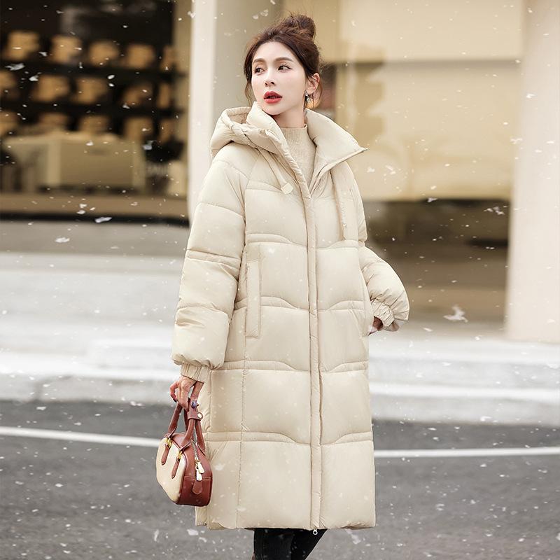 Commuter hooded, thick, warm women's long, knee-length, loose and slim down cotton jacket