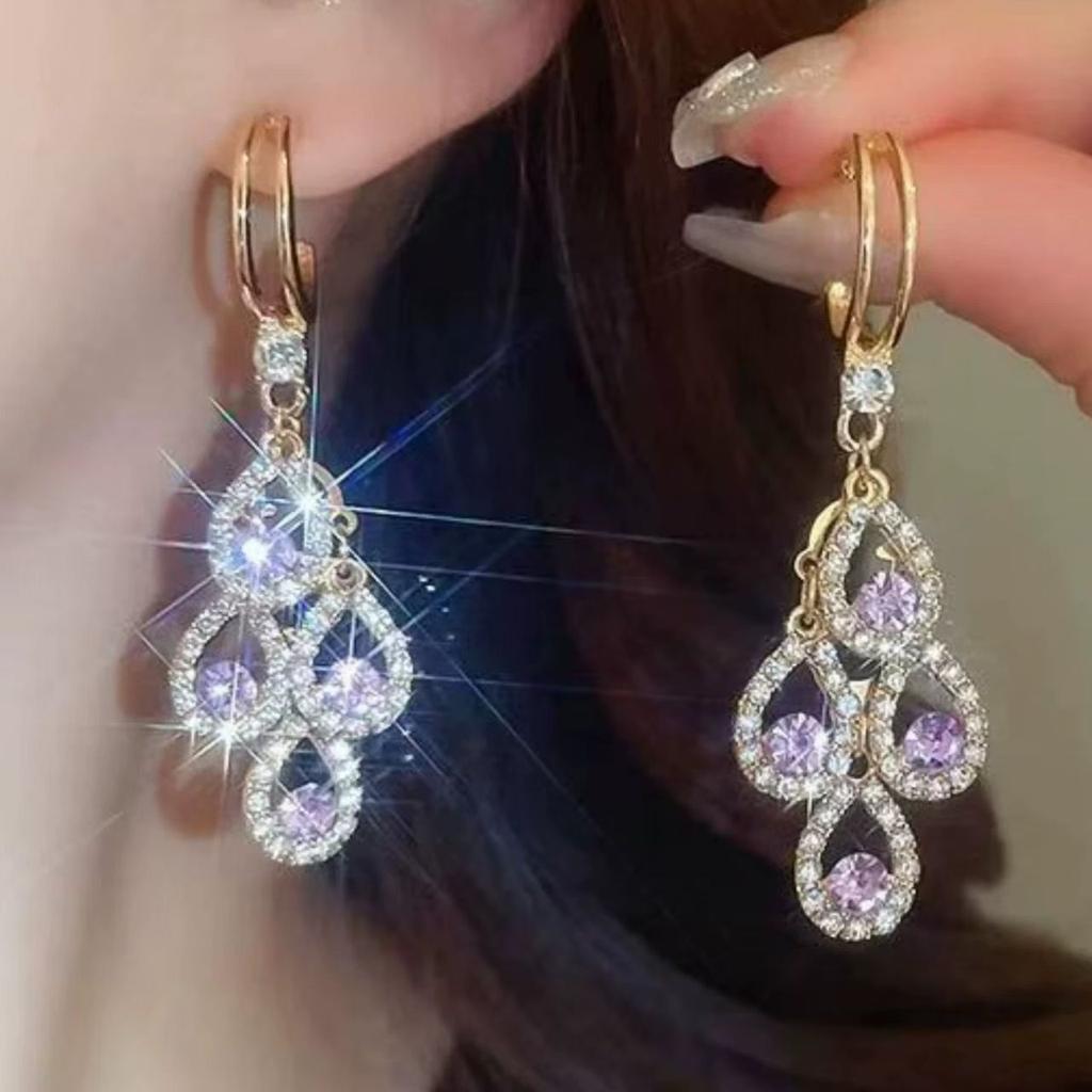 Trendy Purple Zircon Teardrop Ear Clips Elegant Luxurious Earrings For Women Fashion Jewelry