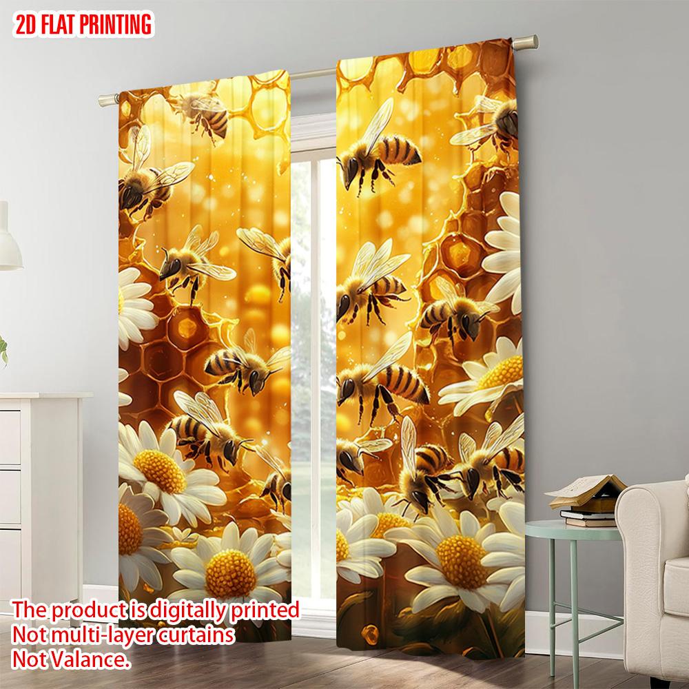 2pcs   Plane Printing Popular Curtain Panels Bees and Sunflowers Honeycomb Polyester Easy Install (without Rod) All Seasons Use