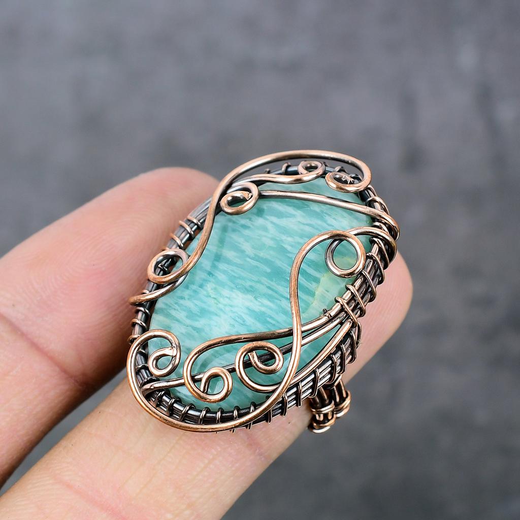 Amazonite Handmade Copper Wire Wrap Jewelry Ring Size 7 K3c10