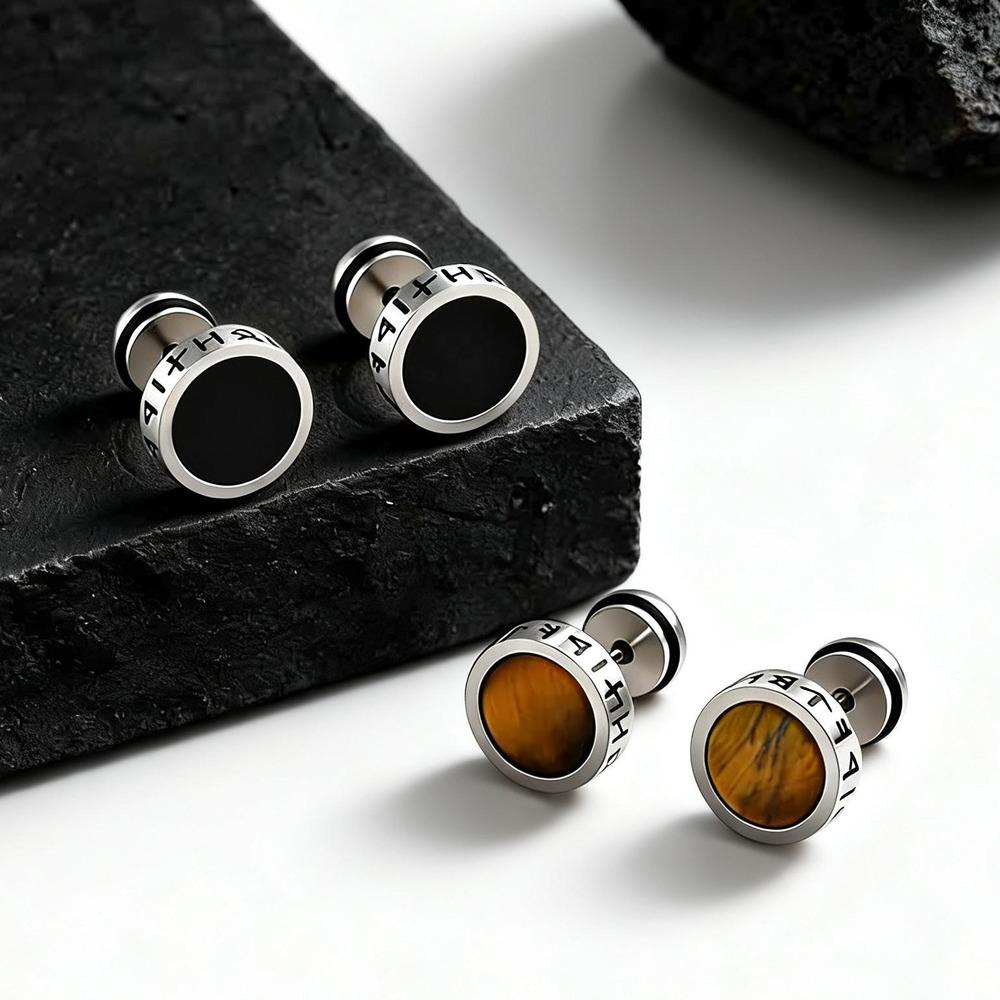 Viking Round Stone Stud Earrings for Men Boys,Anti Allergy Stainless Steel Tiger Eye Stone Stud Earrings Gift