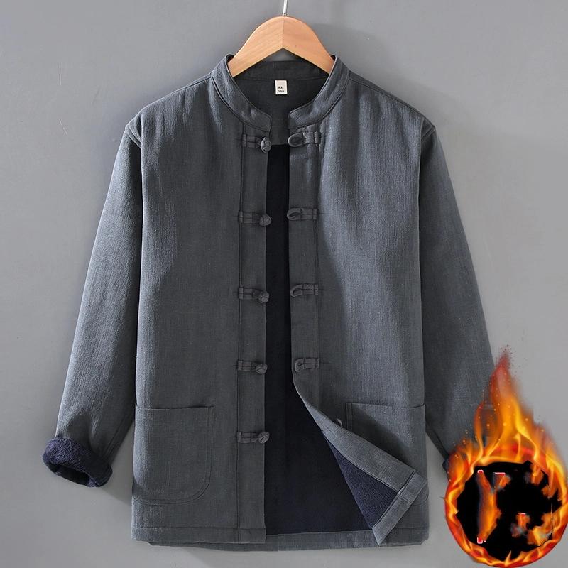 Winter Warm Men Shirt Cotton Linen Thicken Casual Coat Stand Collar Disc Buckle Shirt Grey Fleece Jacket Chinese Traditional Clothing