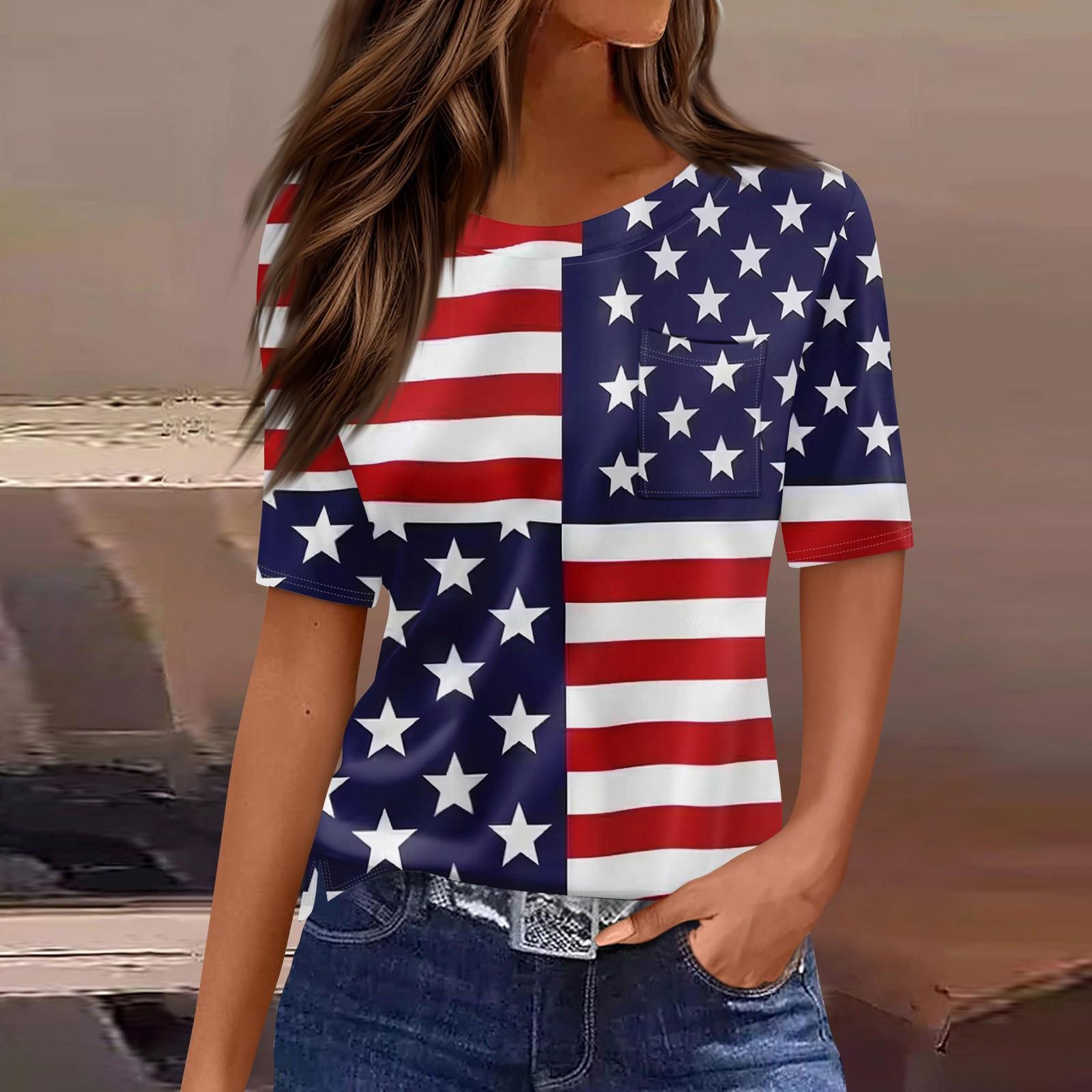 Women s Round Neck Pocket Independence Day Print Short Sleeve T-Shirt Top L