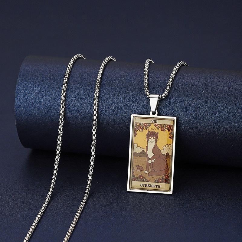 Stainless Steel Epoxy Cat Tarot Card Pendant Necklace For Men Boys Animal Divination Jewelry