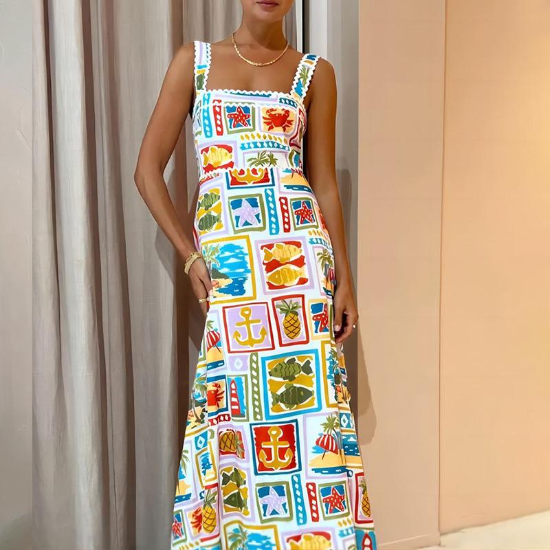 European and American Women's Clothing, New Spring Models, Personalized Graffiti Printing Suspender Tube Top Swing Dress