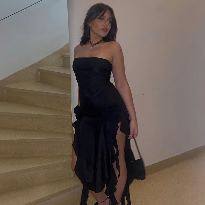 Women Club Party Frill Hem Sleeveless Slit Solid Fringe Sexy Strapless Backless Midi Dress