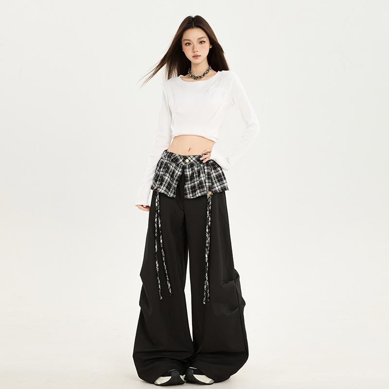 American-style spicy girl black plaid patchwork casual pants for women, autumn/winter lazy style high-waist versatile wide-leg work pants
