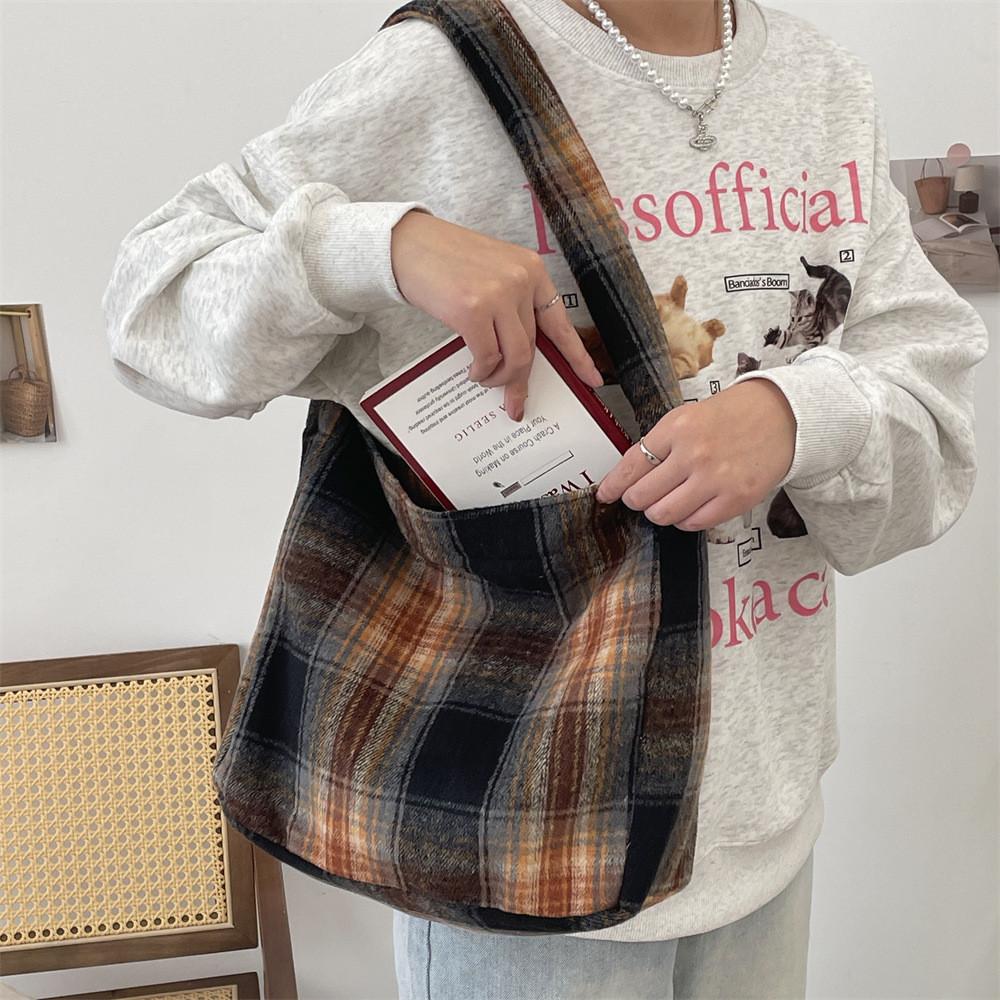Stylish College Style Plaid Wool Shoulder Bag Spacious Crossbody Tote For Students