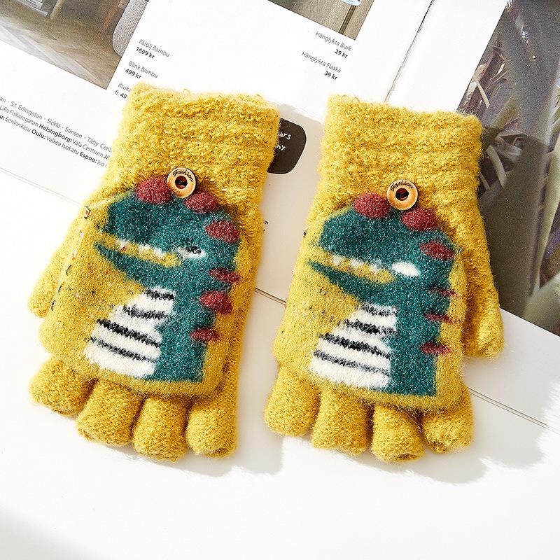 -Year-old Children's Cartoon Knitted Half-finger Flip Gloves Winter Warm Cute Dinosaur Boy Student Writing