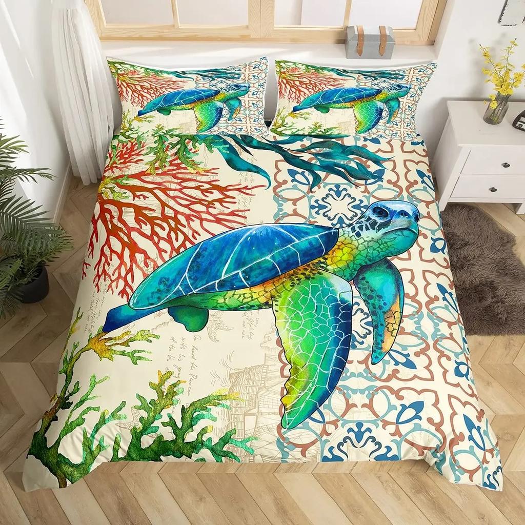 Ocean Theme Sea Turtle Soft Duvet Cover Reptile Tortoise Warm Comforter Cover Microfiber Stary Sky Galaxy Beding Set Single Quen Sized Dimensions