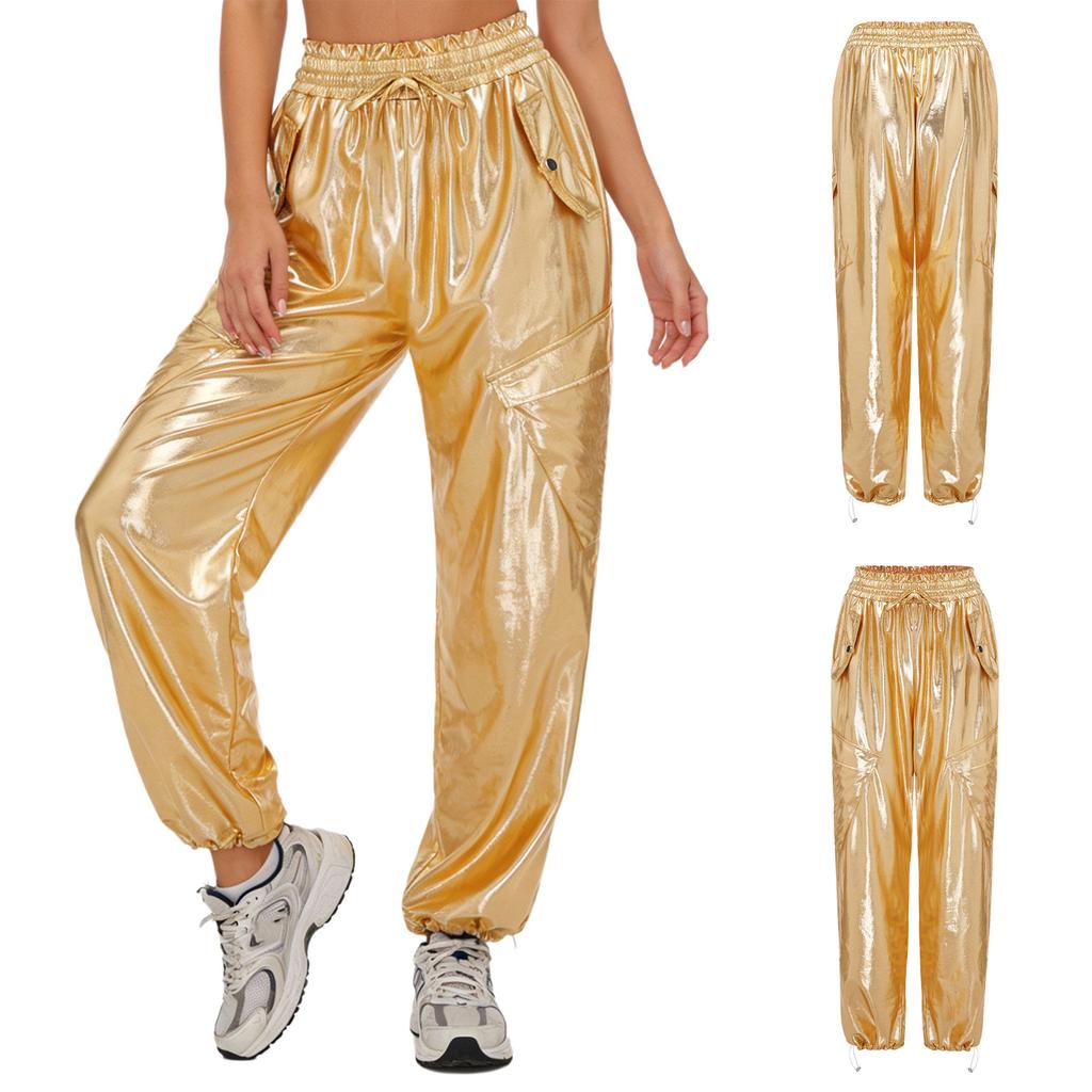 Shiny Metallic Cargo Pants for Women Elastic Waistband with Ruffle Trim Multiple Pockets Jogger Style for Hip Hop Music Stage Outfit