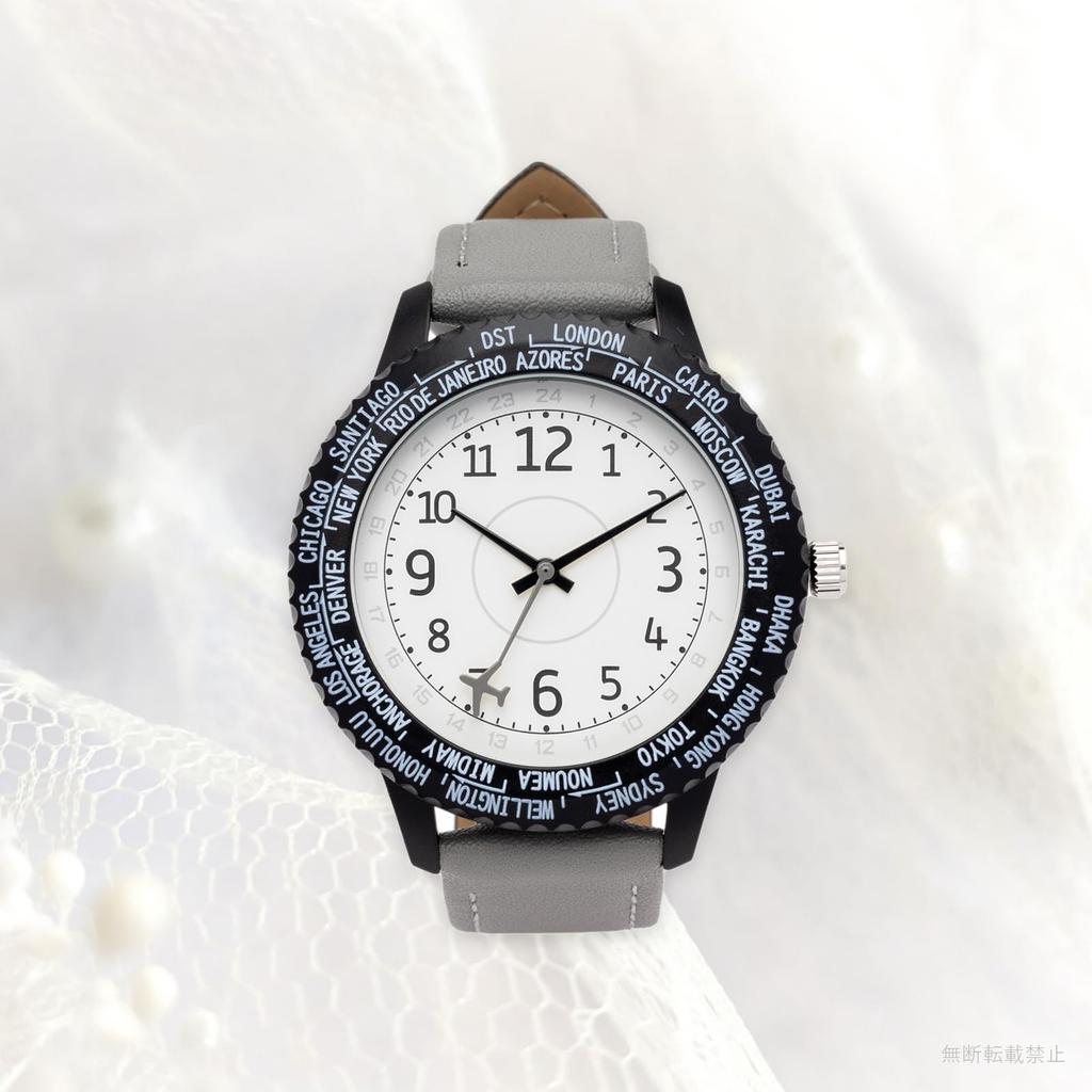 Fieldwork Women's Analog Watch with Leather Strap, World Time Display, Rotating Bezel, Gray, Wald YM125-1