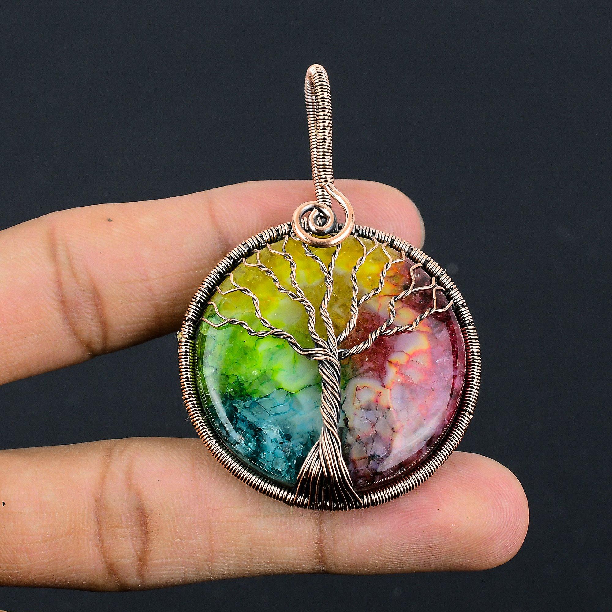 

Подвеска Древо Жизни Радужный Солнечный Кварц, обмотанная медной проволокой 999 пробы, Ювелирное изделие с подвеской из драгоценного камня ручной работы, Подарки для жены Новая подвеска 2.55 Inches