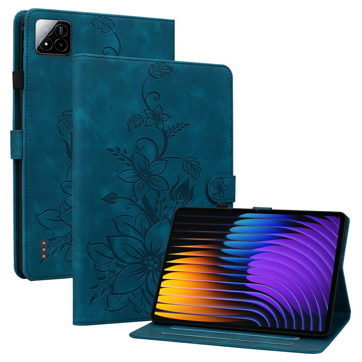 

For Xiaomi Pad 7 Pro/Pad 7 Case Lily Flower Imprint Card Slots Leather Tablet Cover Blue