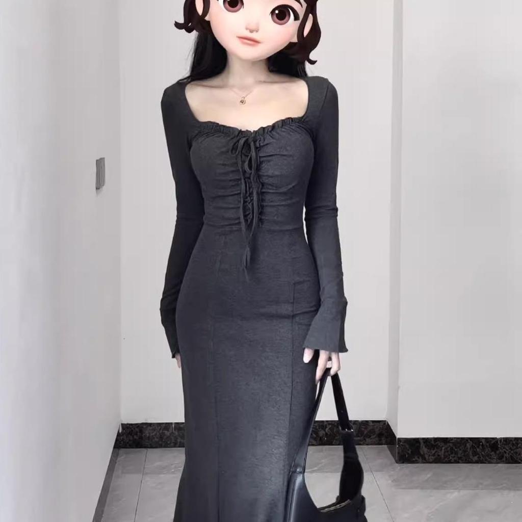 Elegant Hot Girl Long-Sleeved Dress - 2024 Spring/Autumn Collection: High-End, Slim Waist, Pure Desire Style for Women