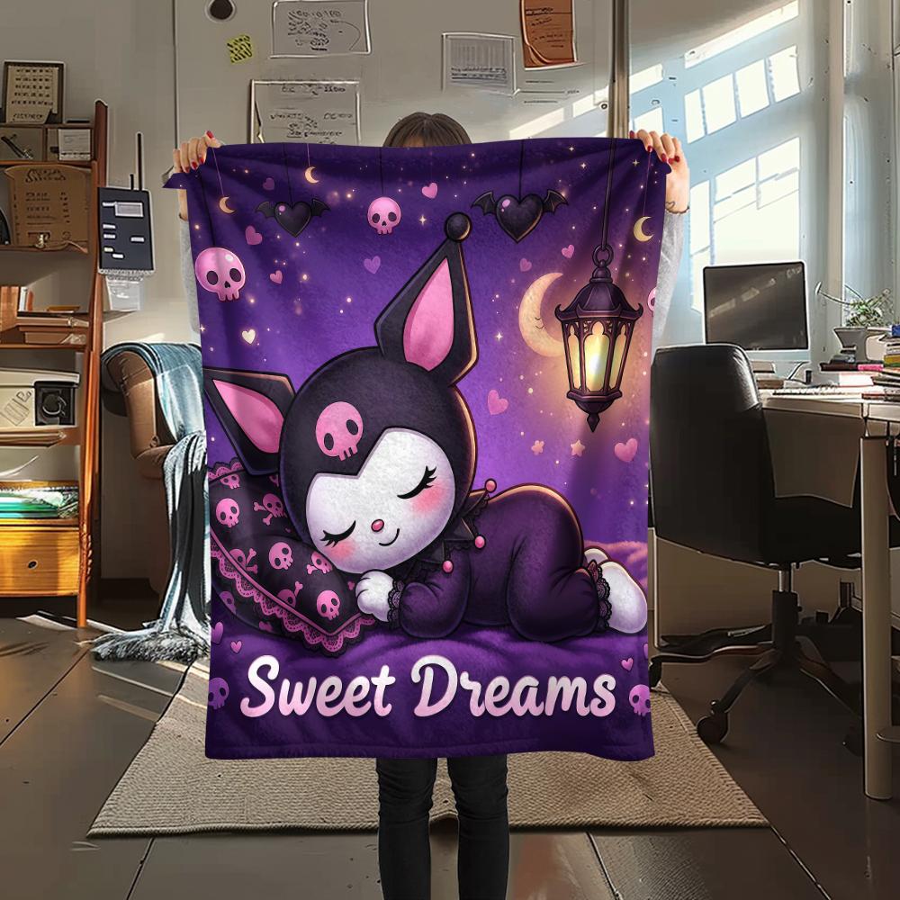 1PC Kuromi Print Flannel Blanket, High quality All Seasons, Home Decor, Warmth and Comfort, Perfect for Christmas Gifts