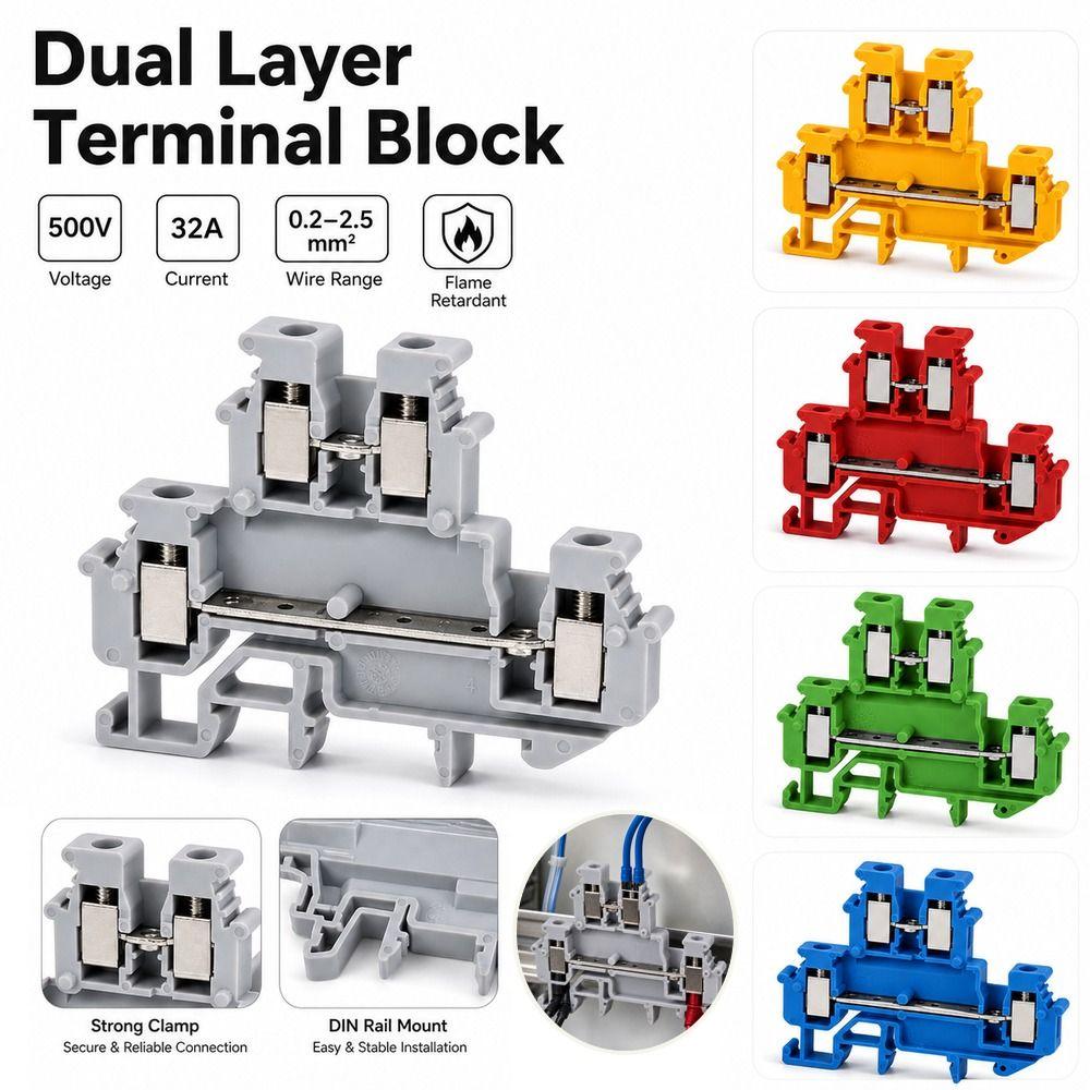 Double Level Electrical Terminal Block 4-Conductor DIN Rail Terminal Industrial Control