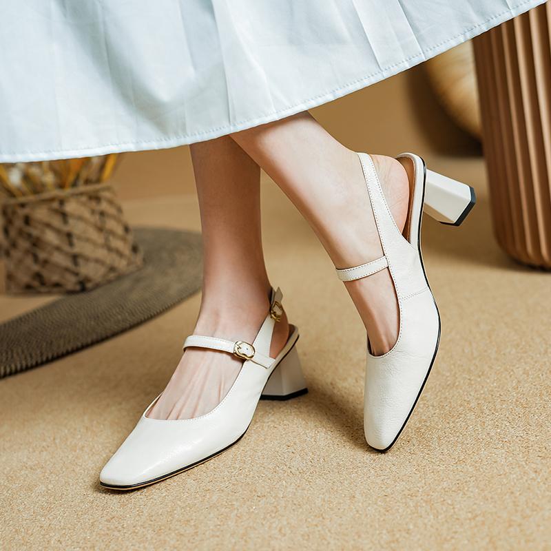 Summer Women Sandals Genuine Leather Shoes for Women Cover Toe Chunky Heel Shoes Square Toe Slingback Sandals Gladiator Shoes