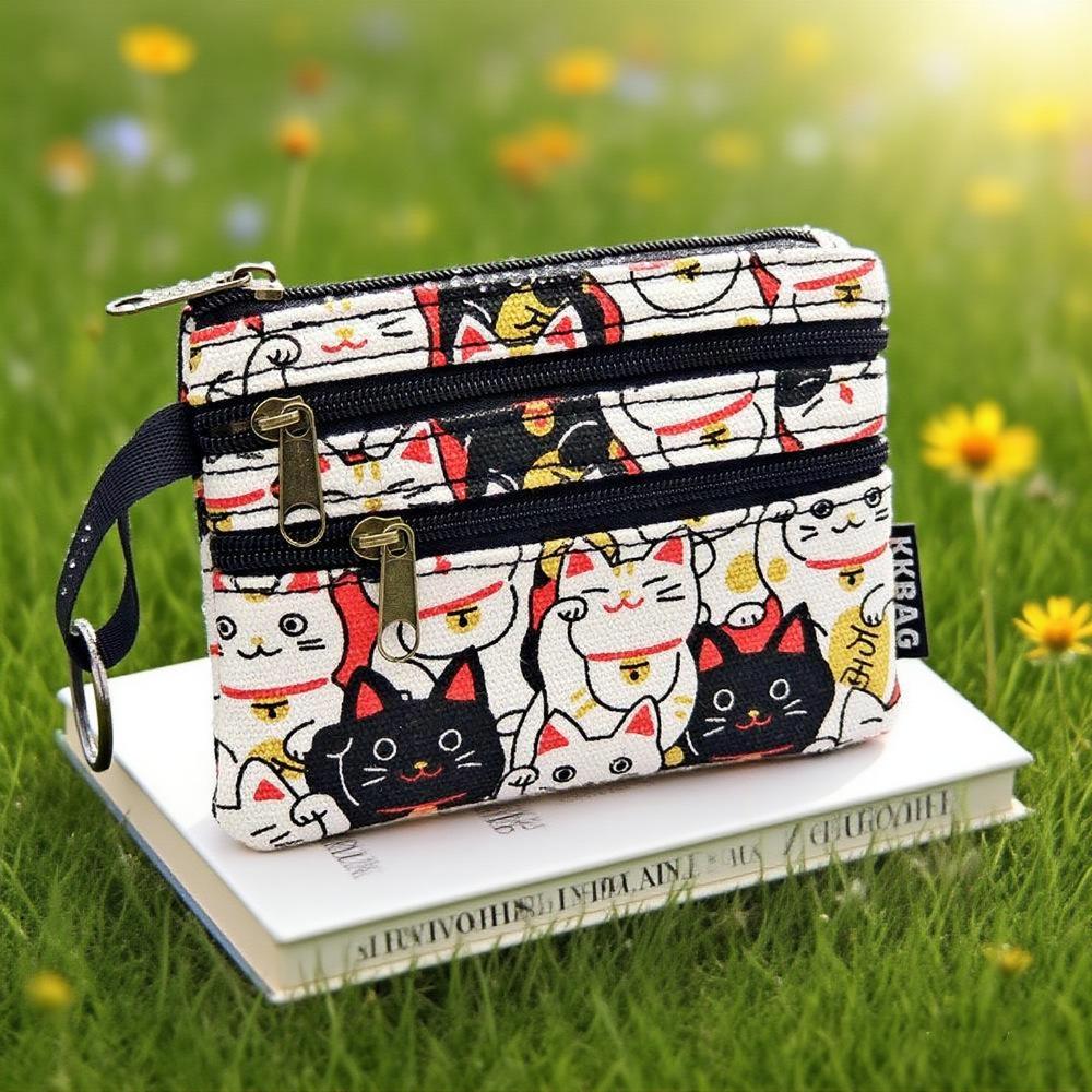 Cartoon Print Three-Layer Portable Cosmetic Bag and Coin Purse