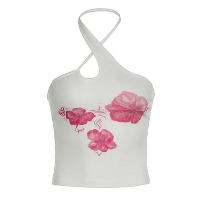 Bloemenprint Kruis Halter Gebreide Zomerse Thai Vakantiestijl Girly Vest Slim Top voor Dames