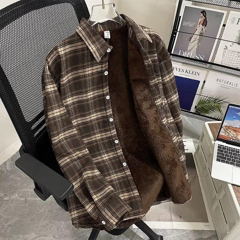 Camisa Xadrez Masculina Forrada com Lã - Jaqueta Casual Retrô de Manga Comprida para Outono/Inverno