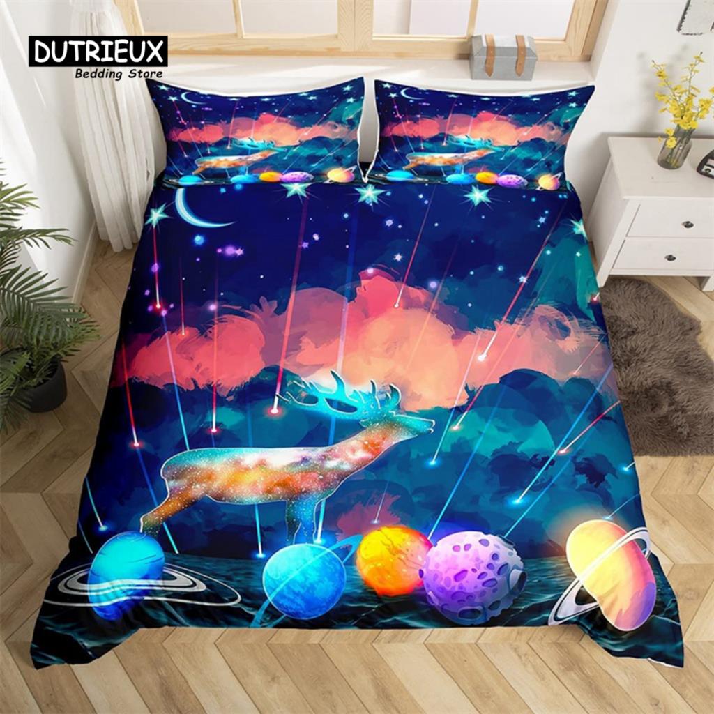 Deer Animal Duvet Cover Set Twin Queen Size Butterfly Flowers Bedding Set Microfiber Moon Galaxy Comforter Cover For Girls Teens