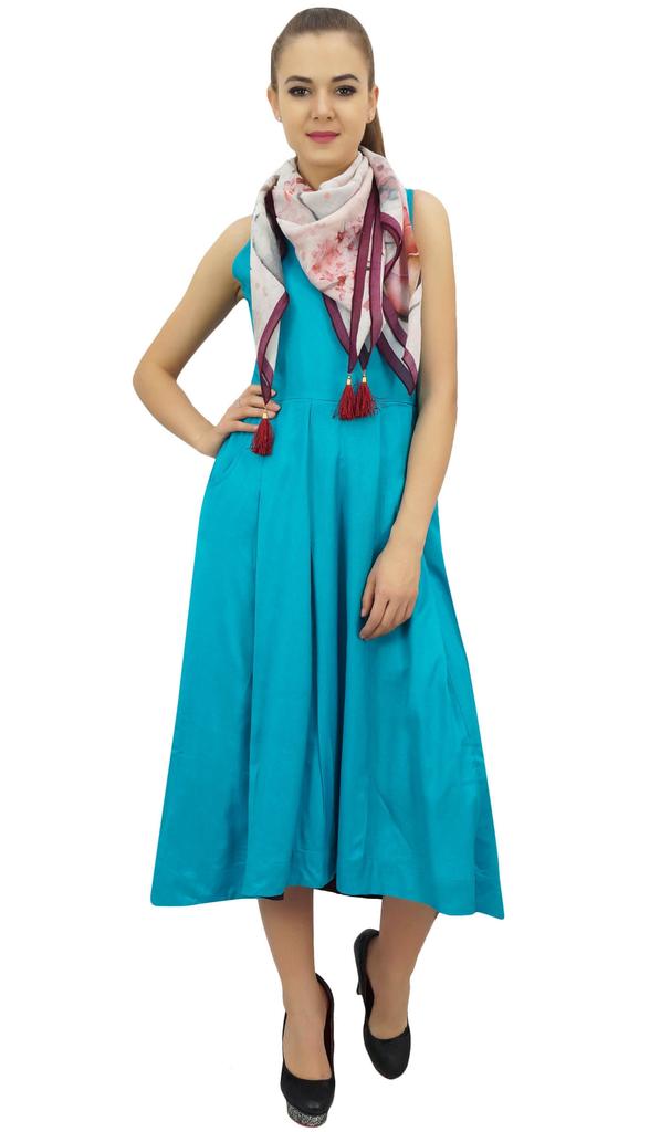 Bimba Women's Designer Rayon Dress With Pockets Solid Aqua Maxi With Scarf -