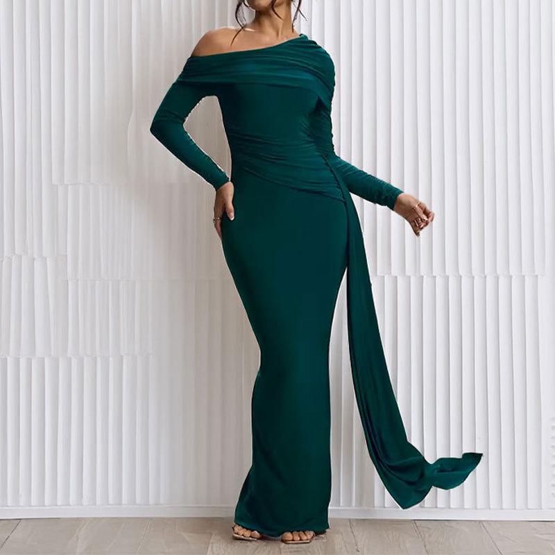 New Summer Women's One-shoulder Sexy Tight Long-sleeved Temperament Evening Dress