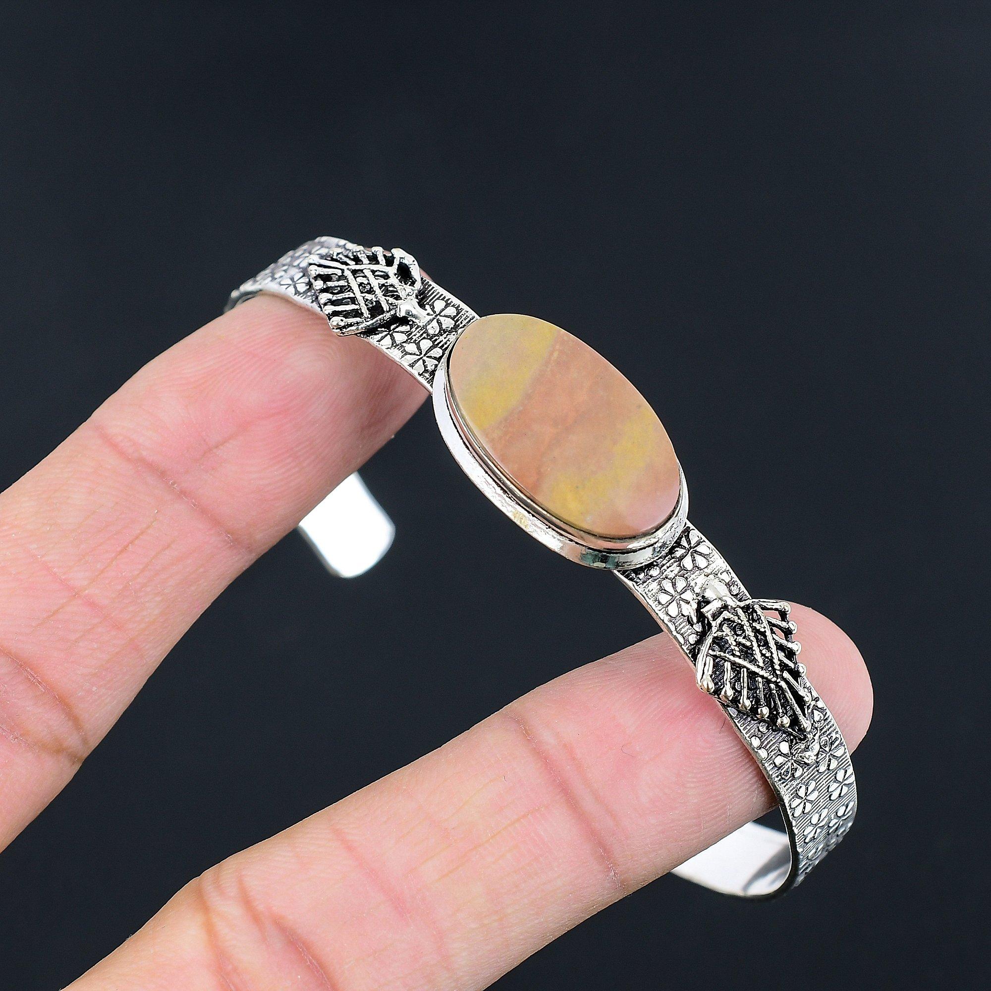 

Sterling Silver Oval Landscape Jasper Gemstone Ethnic Unique Trendy Wife Bangle Adjustable