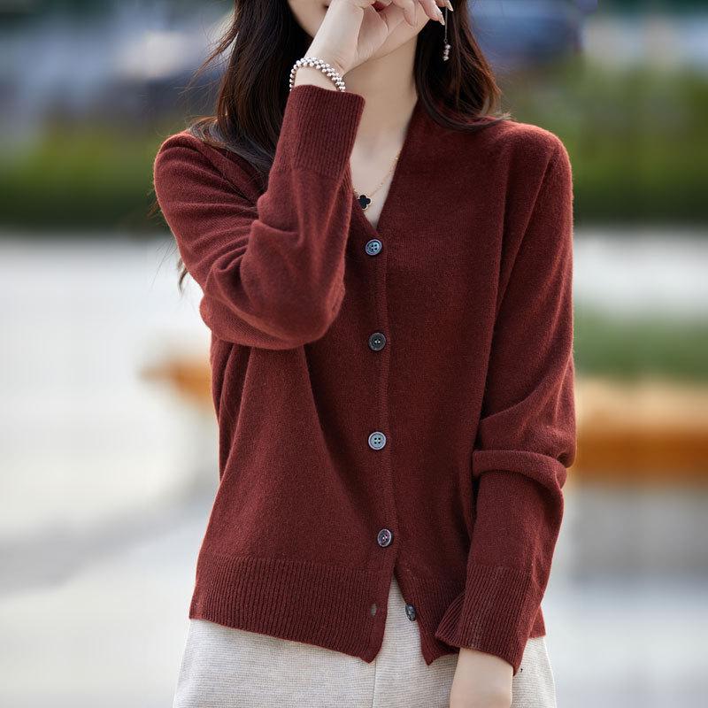 2025 Fall/Winter Women's V-neck Solid Color Ribbed Loose Knit Cardigan