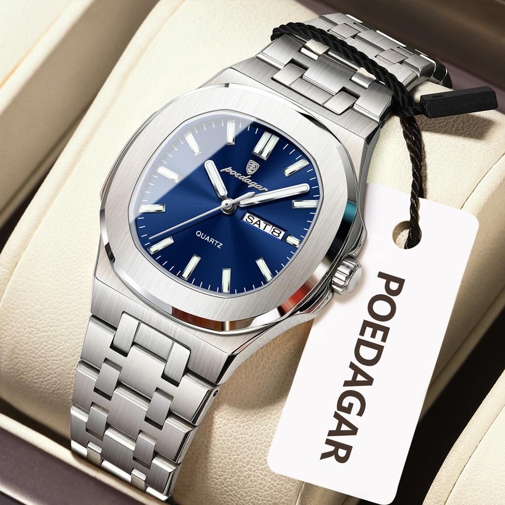 POEDAGAR Square Woman Watch Date Week Waterproof Luminous Ladies Watch Stainless Steel Quartz Fashion Watches Gift