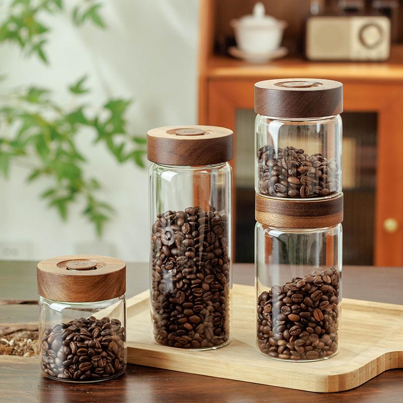 Coffee Bean Sealed Glass Jar with One-Way Valve, Wooden Lid - for Coffee, Tea, and Dried Goods Storage