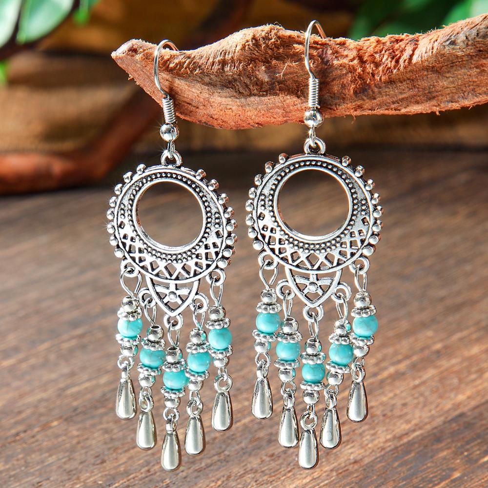 Boho Antique Silver Dangle Earrings for Women Turquoise Design Tassel Earrings Ethnic Style Work Daily Wear Gifts Versatile