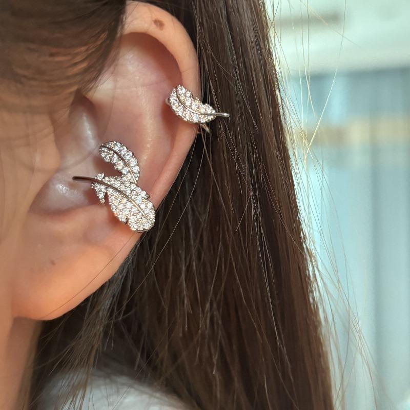 Ear Clips~ Zircon Leaf Double Layer Ear Clips Women's No Ear Piercings Fashion Design Ear Bone Clips Light Luxury Premium Earrings