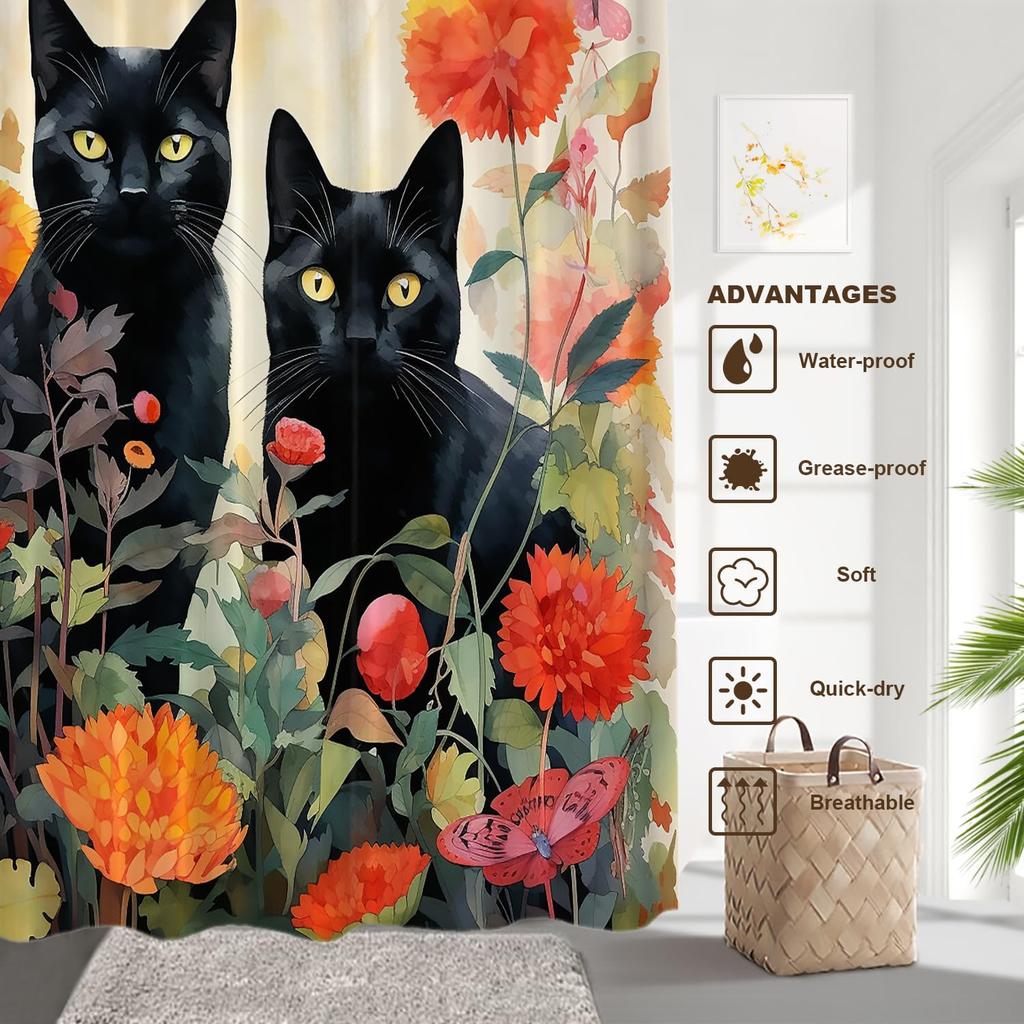 Black Cat Shower Curtain With Floral Garden And Butterflies Artistic Design Water Resistant Fabric Pet Lover Home Decor Trendy