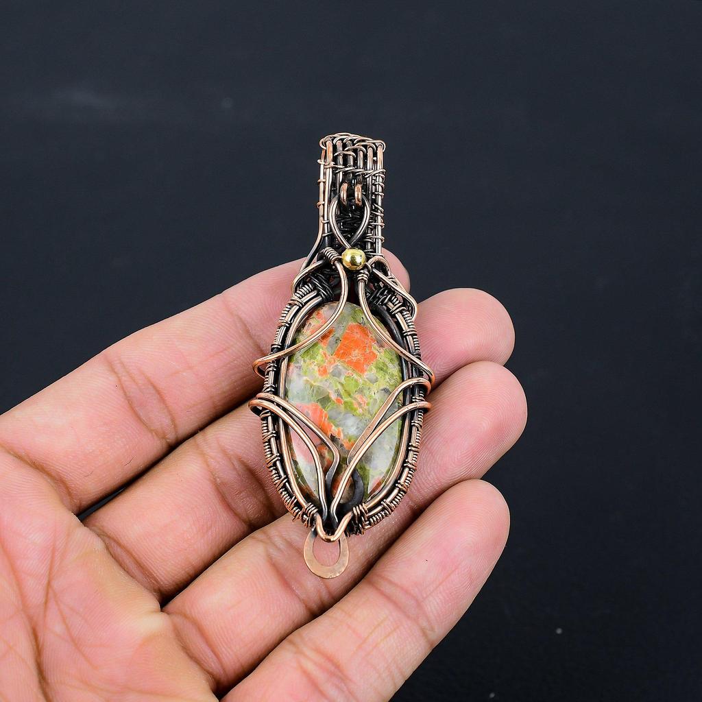 Unakite Gemstone Pure Copper Wire Wrapped Handmade Pendant Jewelry Gift For Her